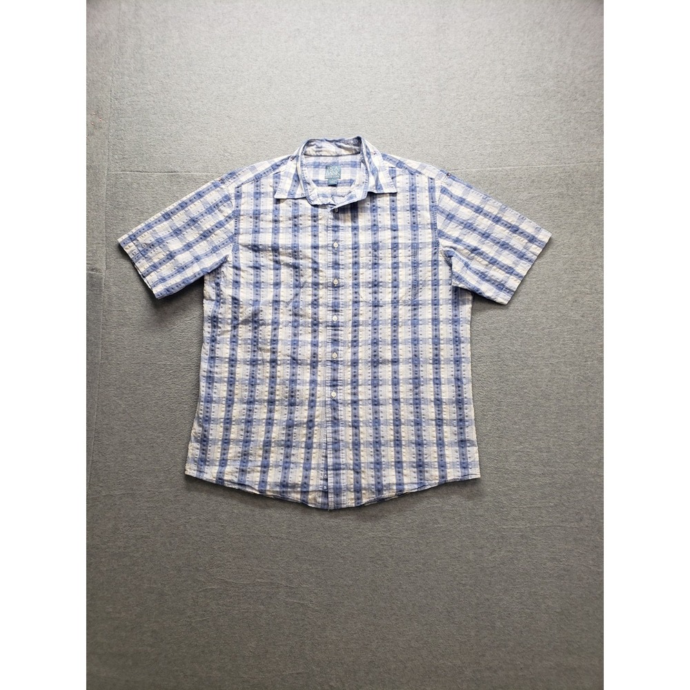 Jos A Bank Men Shirt L Blue White Plaid Pattern Button Down Short Sleeve Casual